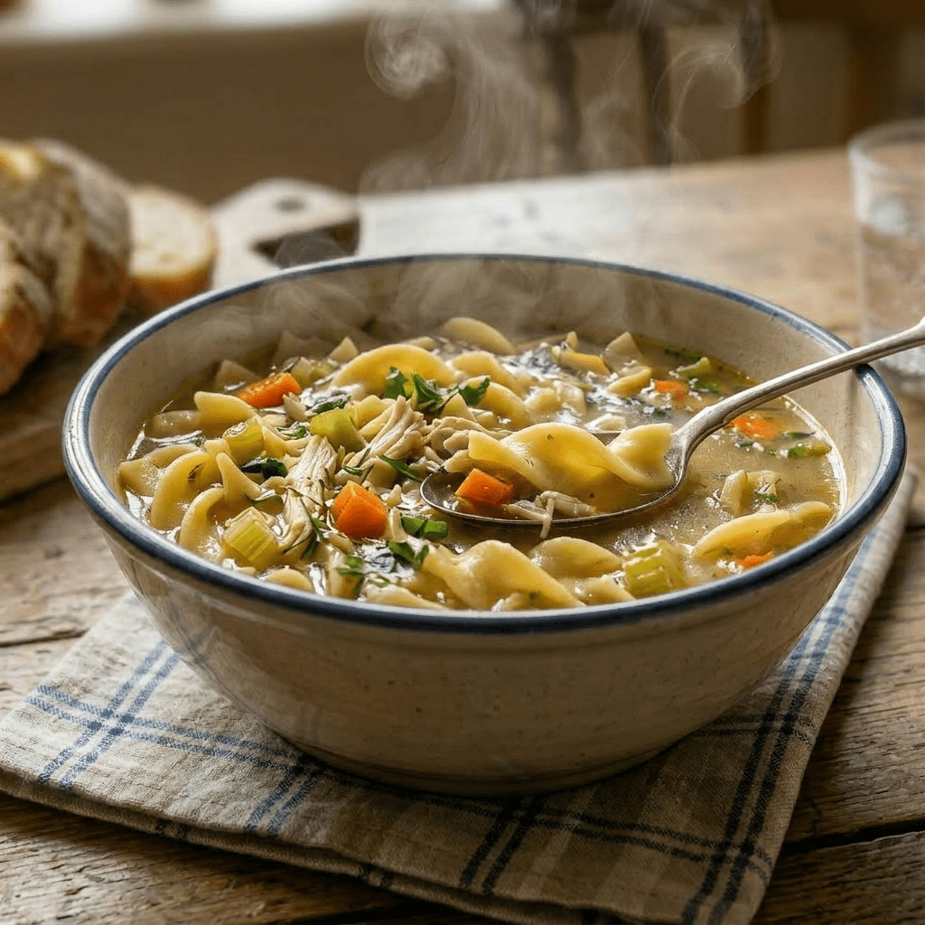 Steaming bowl of chicken noodle soup with carrots, noodles, and herbs next to slices of bread